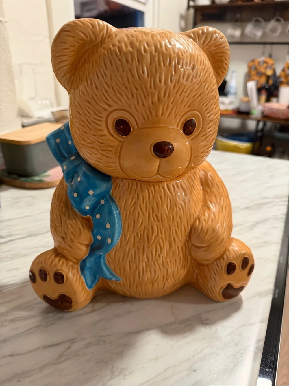 Brown Ceramic Teddy Bear Cookie Jar with Blue Polka Dot Scarf